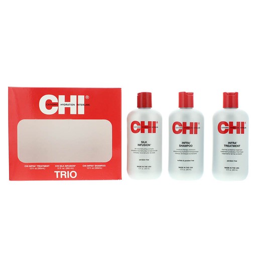 CHI TRIO SET INFRA TREATMENT 355ML + SILK INFUSION 355ML + SHAMPOO 355ML