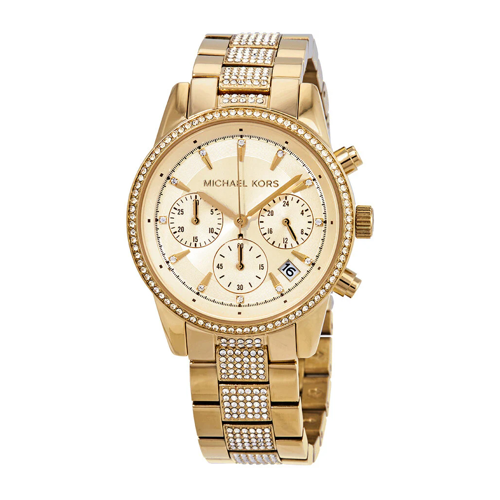 Michael Kors Ritz Pave Chronograph Crystal Gold Dial Ladies Watch Item No. MK6484