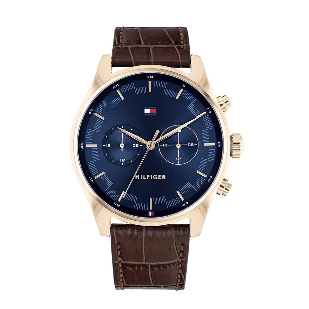 Tommy Hilfiger Brown Leather Blue Dial Men's Multi-function Watch - 1710423