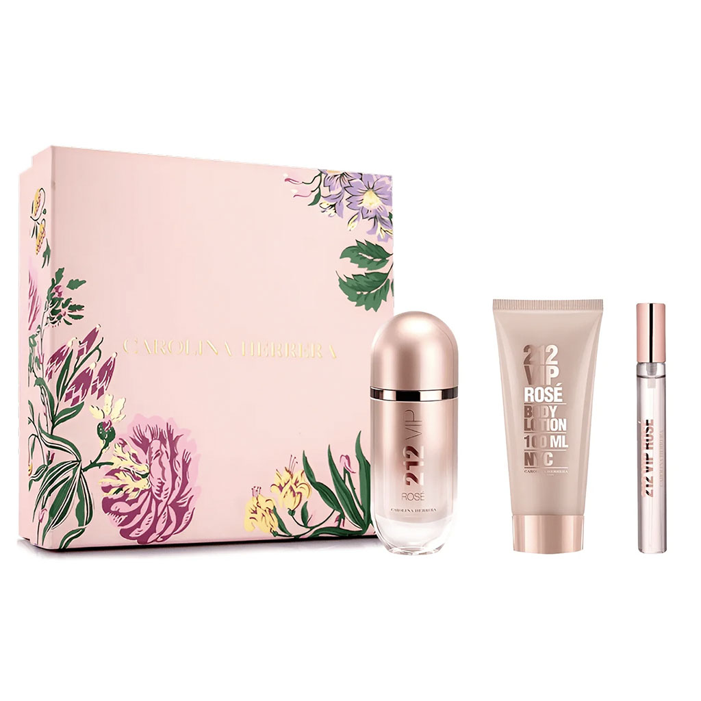 212 Vip Rose 80ML EDP + 10ML EDP + Body Lotion 100ML By Carolina Herrera طقم عطر 212 في آي بي روز 3 قطع