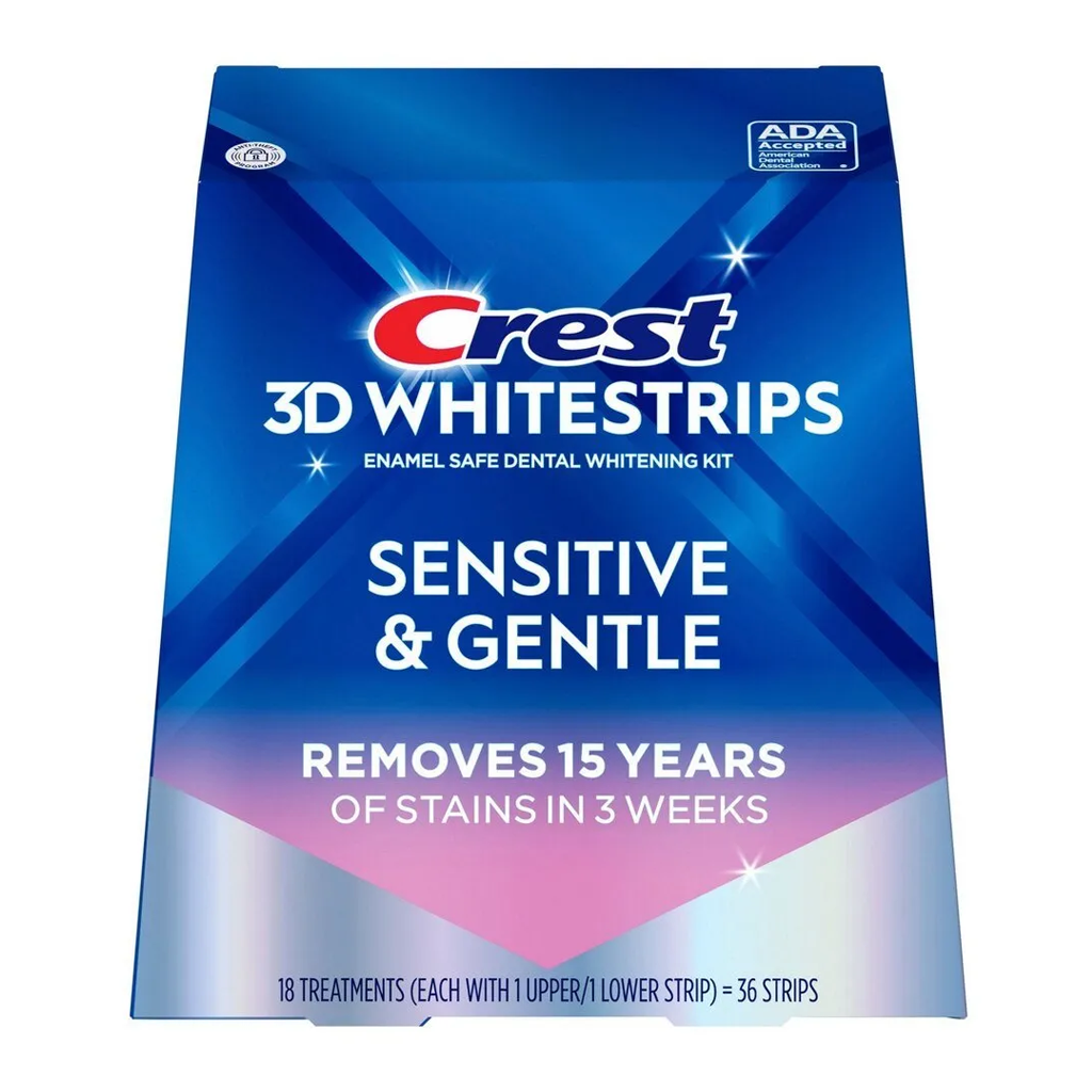 Crest 3D Whitestrips Sensitive &amp; Gentle Removes 15 Years of stains un3 weeks 18 Treatments (36 strips 18 upper 18 lower)